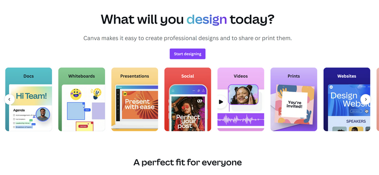 Canva's home page, showing colorful images with examples of projects you can create using Canva. 