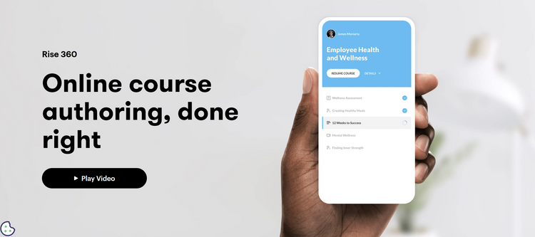 The main page for Rise 360 on the Articulate website. A hand holds a phone showing a sample Rise course on the screen.